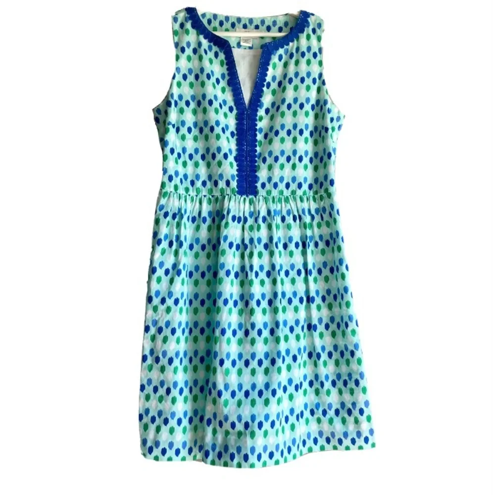 Vineyard Vines blue sleeveless cotton dress 8 vneck sheath dots teal applique